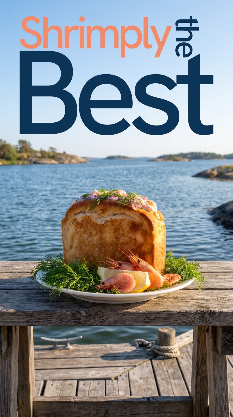Affisch: Shrimply the Best, skagenmacka på en brygga i skärgården